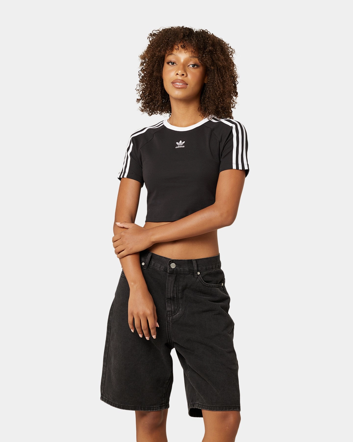 Reflective Accent Trim Adidas Women's 3-Stripes Baby T-Shirt Black