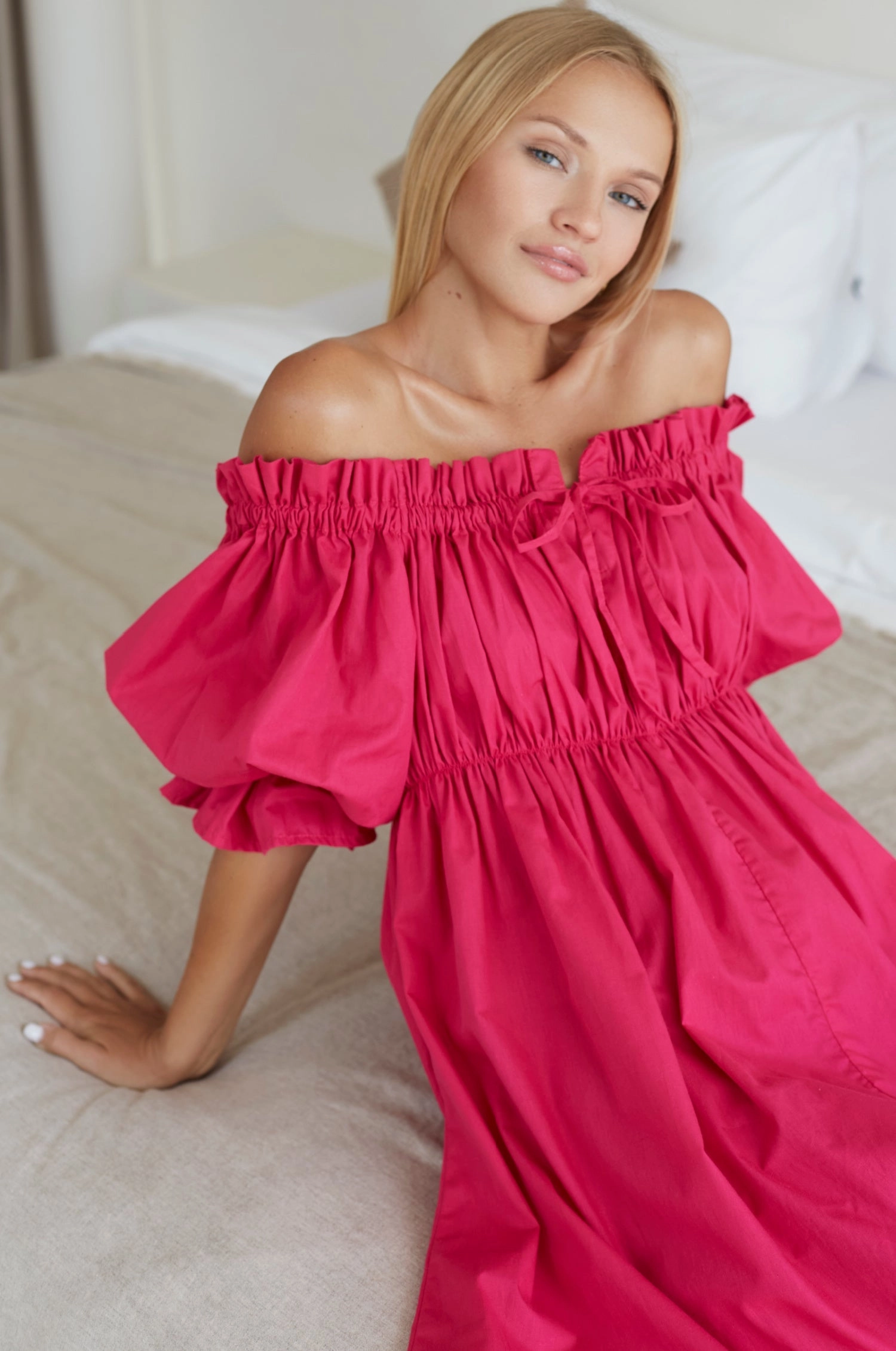 Vacay Off Shoulder Cotton Mini Dress (Sale) Straight-Cut