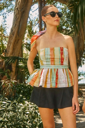 Retro design Double Layered Hem Vera Top in Abstract Stripe