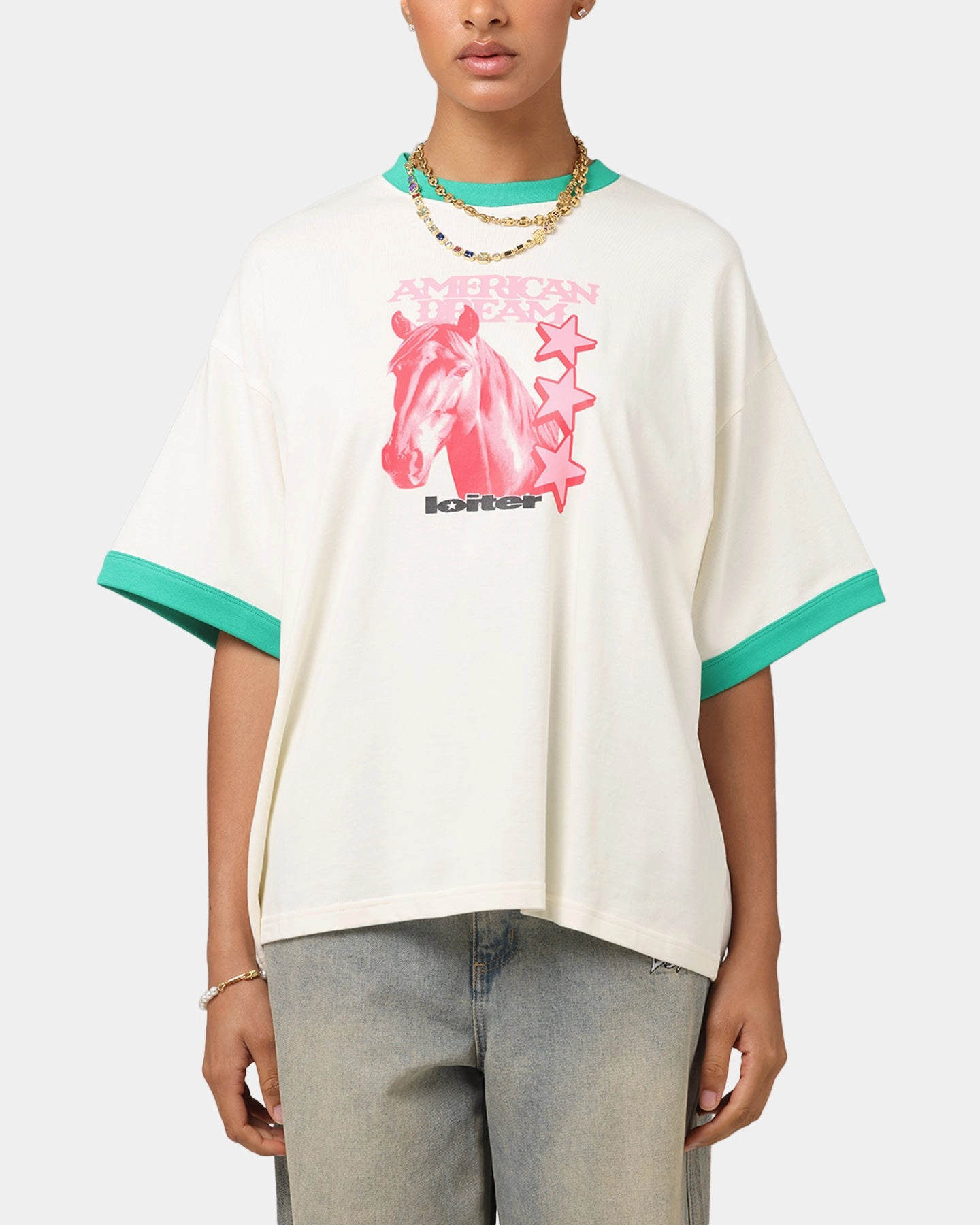 Loiter Western Front Ringer T-Shirt White/Green ZeroWasteProduction Office Look