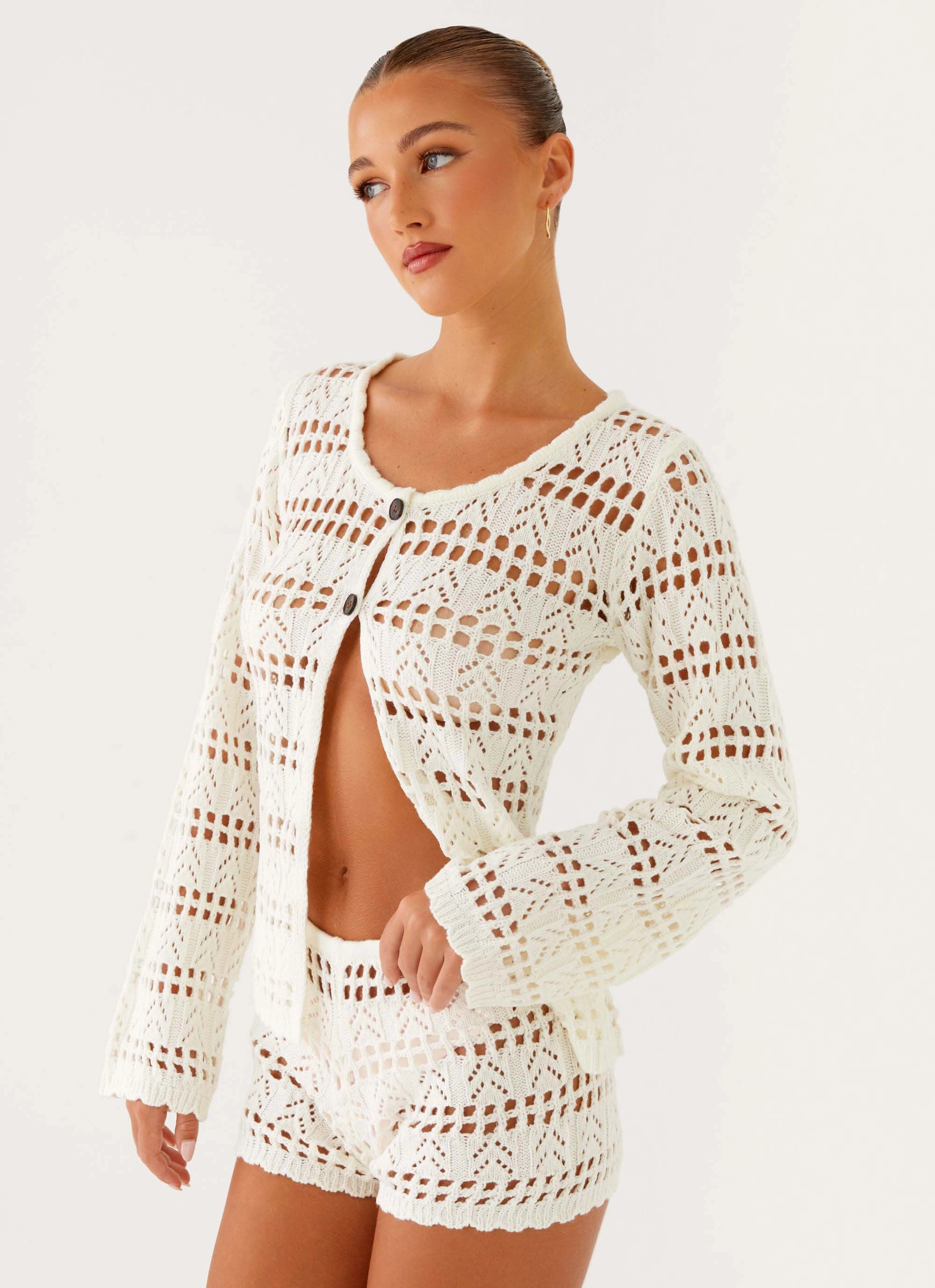 Breathable Knit Fabric Baylock Crochet Long Sleeve Top - White