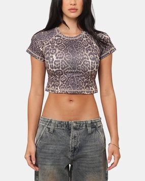 XXIII Women's Boiler Room Crop T-Shirt Leopard Compact Weave Fabric Moisture Wicking Material
