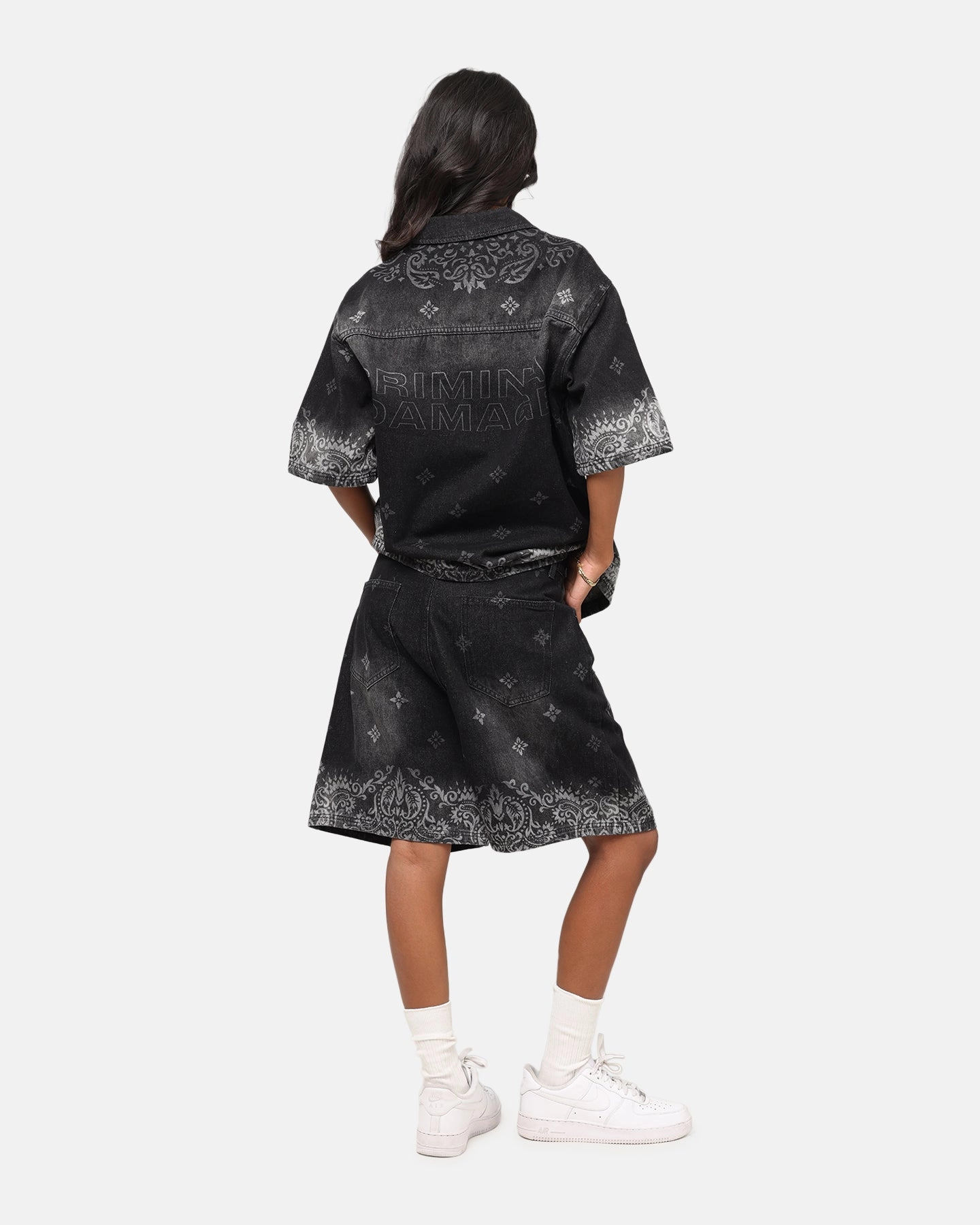 Criminal Damage Laser Print Denim Button Up Shirt Washed Black Ethically Sourced Yarn Stretch Fit Engineering