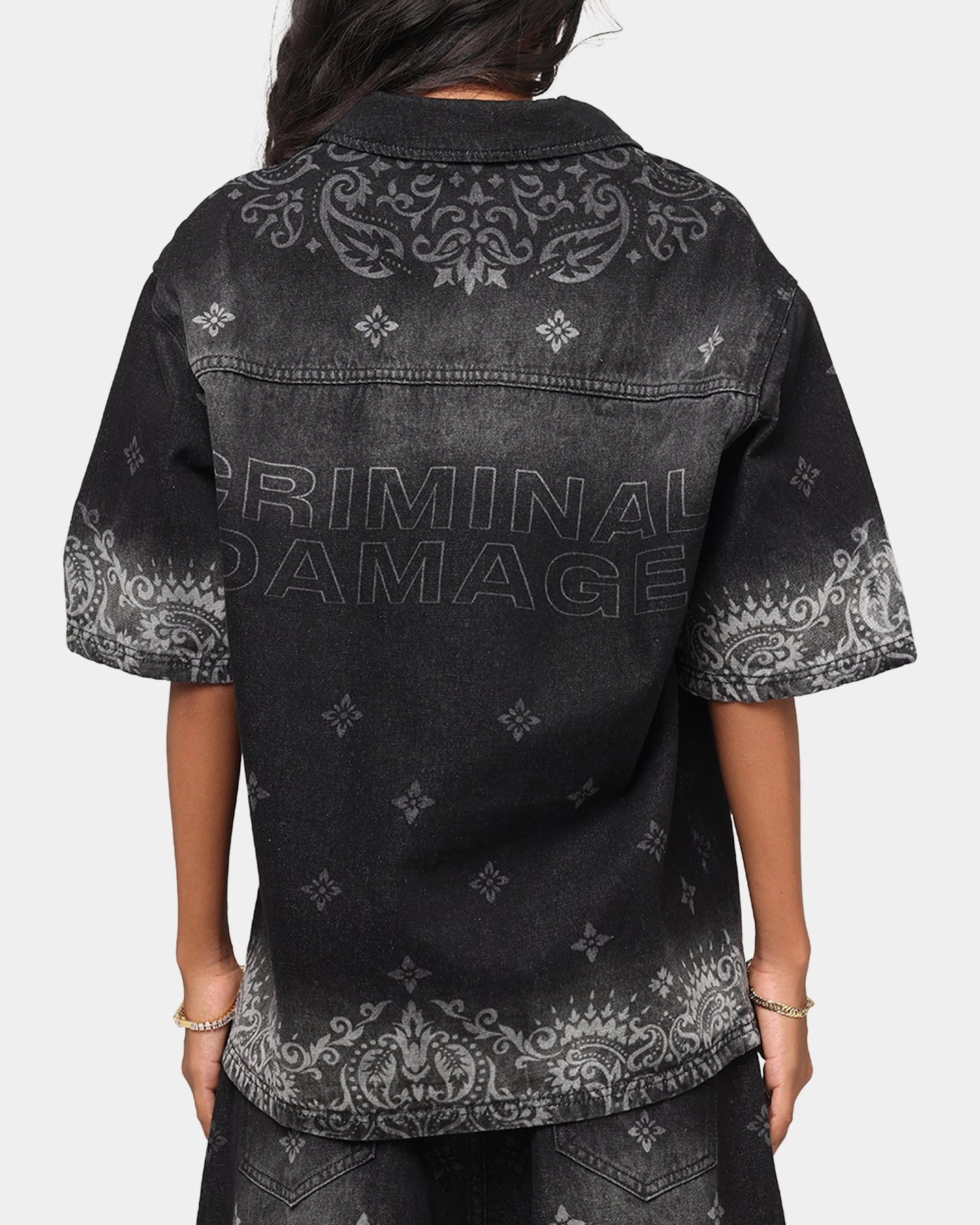 Roll Up Sleeve Design Criminal Damage Laser Print Denim Button Up Shirt Washed Black