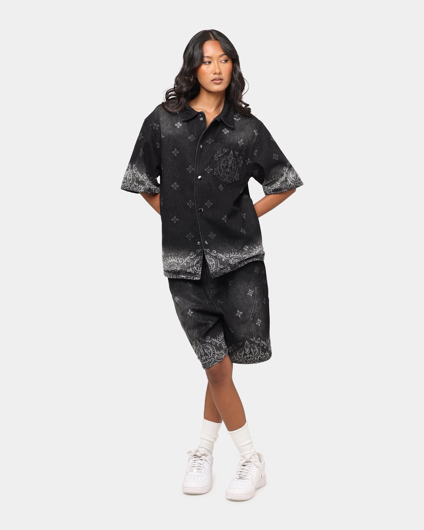 StretchTechnology Criminal Damage Laser Print Denim Button Up Shirt Washed Black