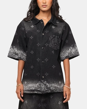Criminal Damage Laser Print Denim Button Up Shirt Washed Black BondedEdges