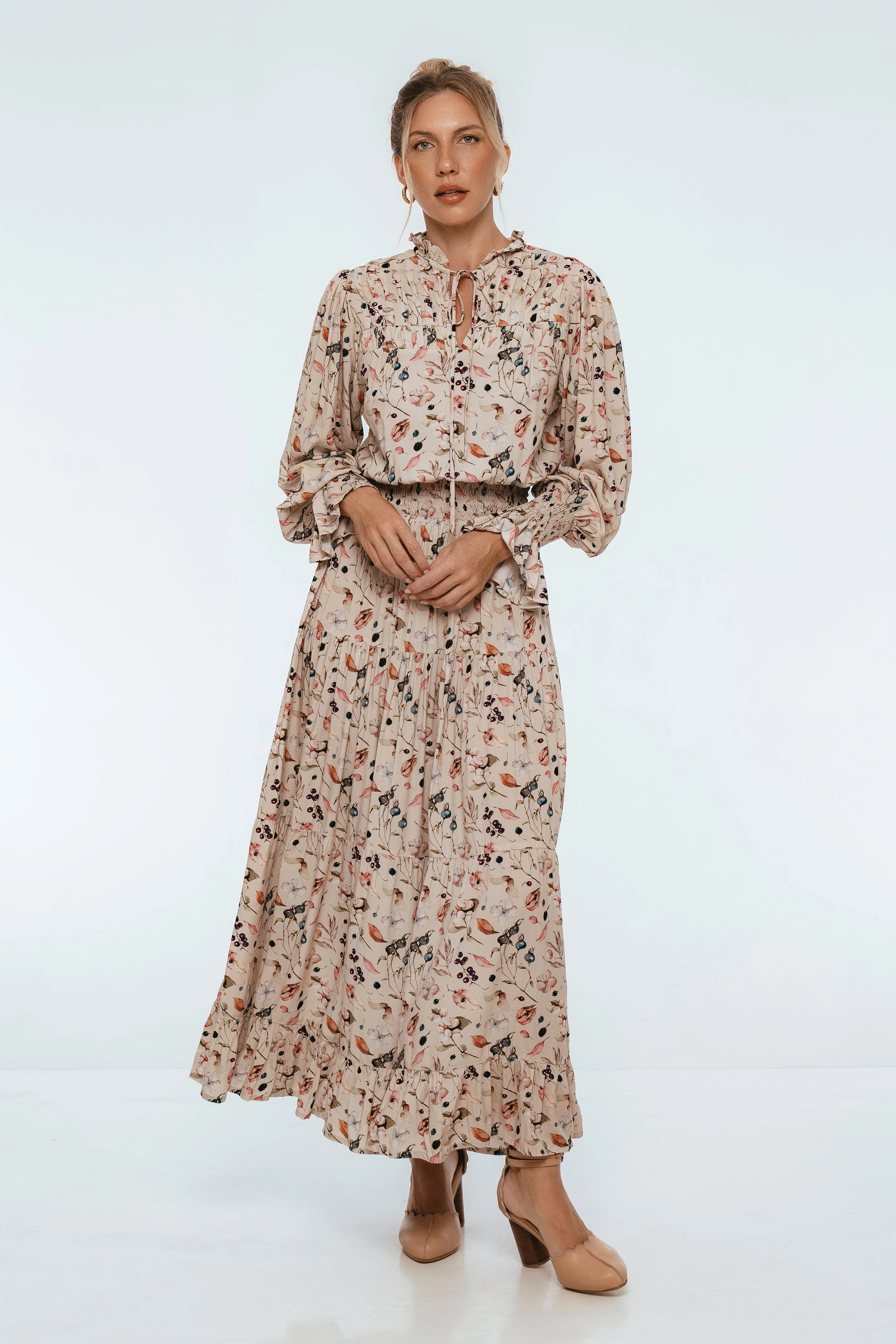 Bodycon-Fit Calm Finish White Lotus Ruffled Maxi Dress