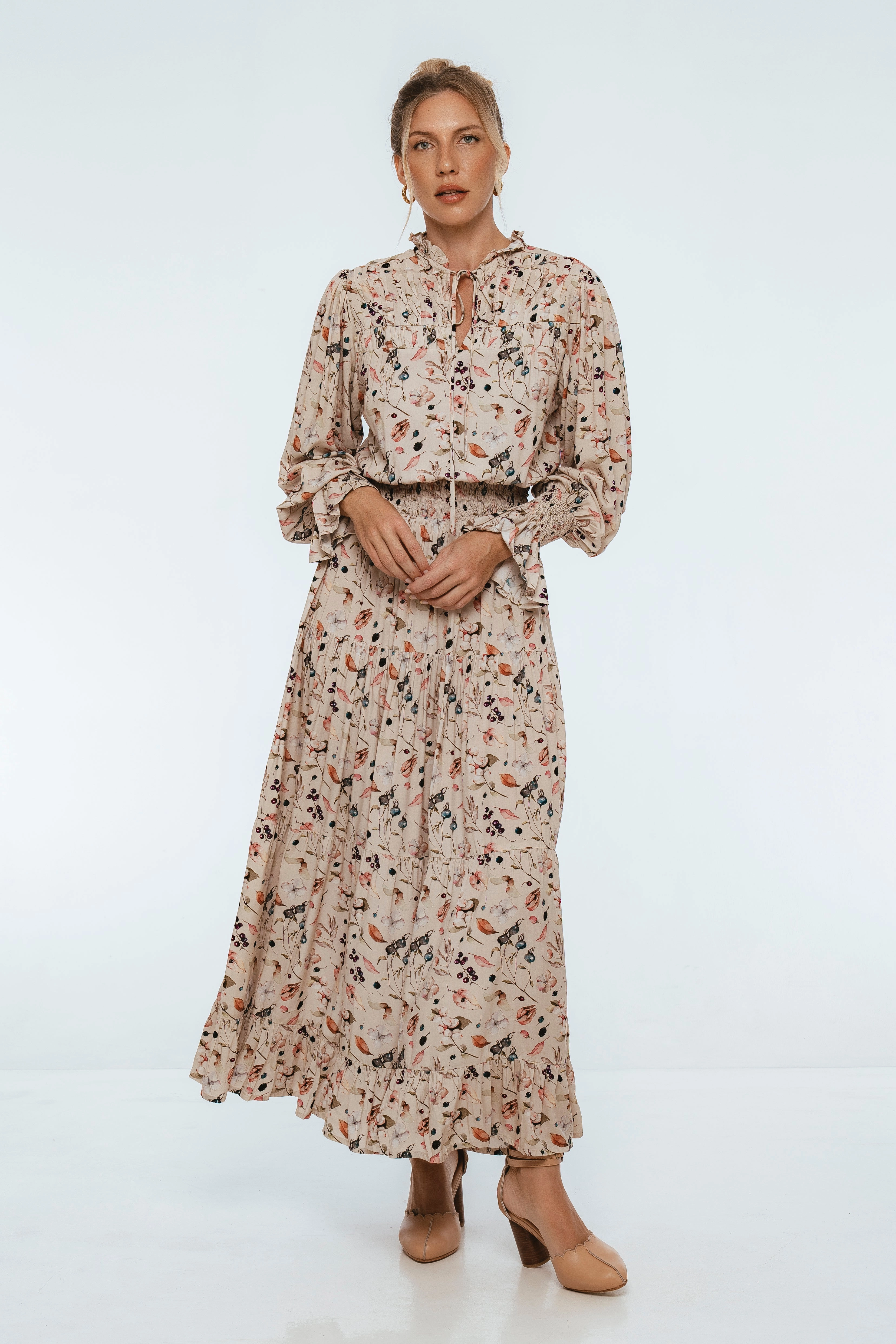 Bright Feel White Lotus Ruffled Maxi Dress