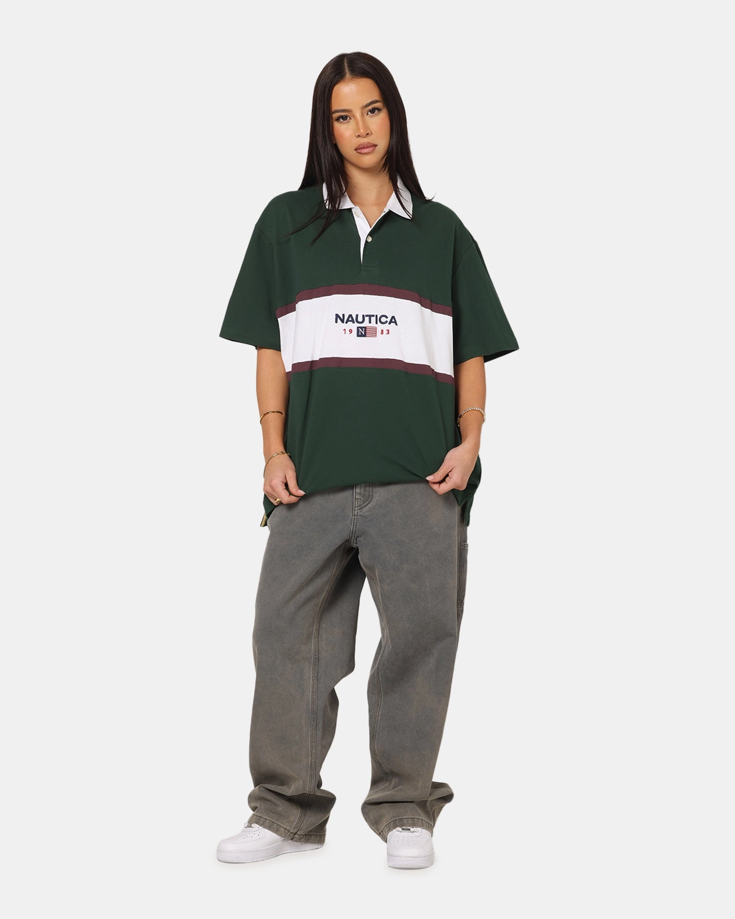 Nautica 83-Flag Block Polo T-Shirt Green/White Eco Friendly Dye Process Tagless Labeling