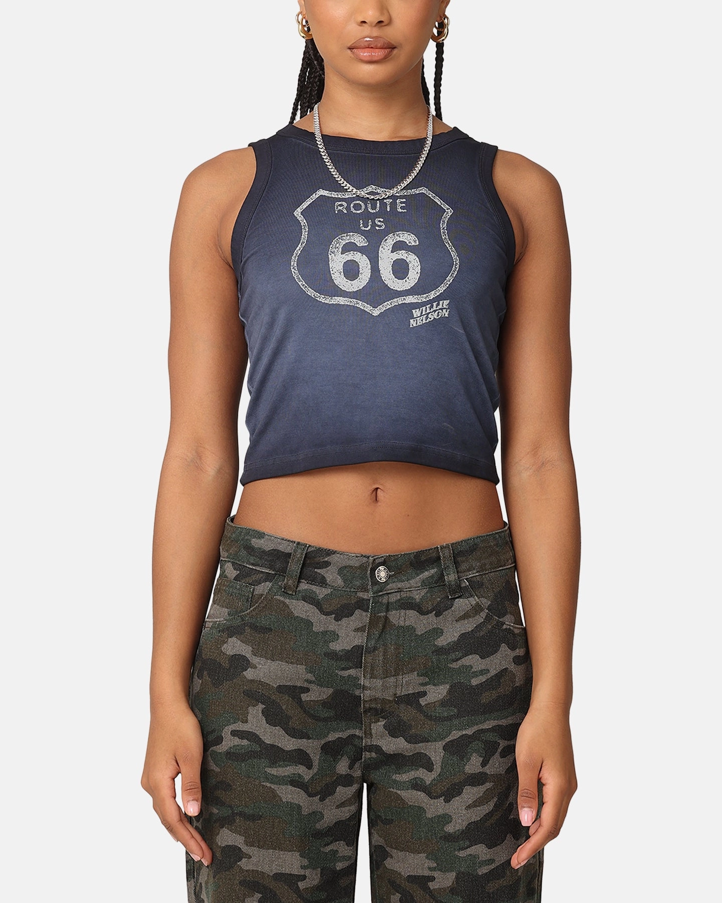 Willie Nelson Women's Route 66 Sunfade Cropped Tank Black Wash Trendy Look