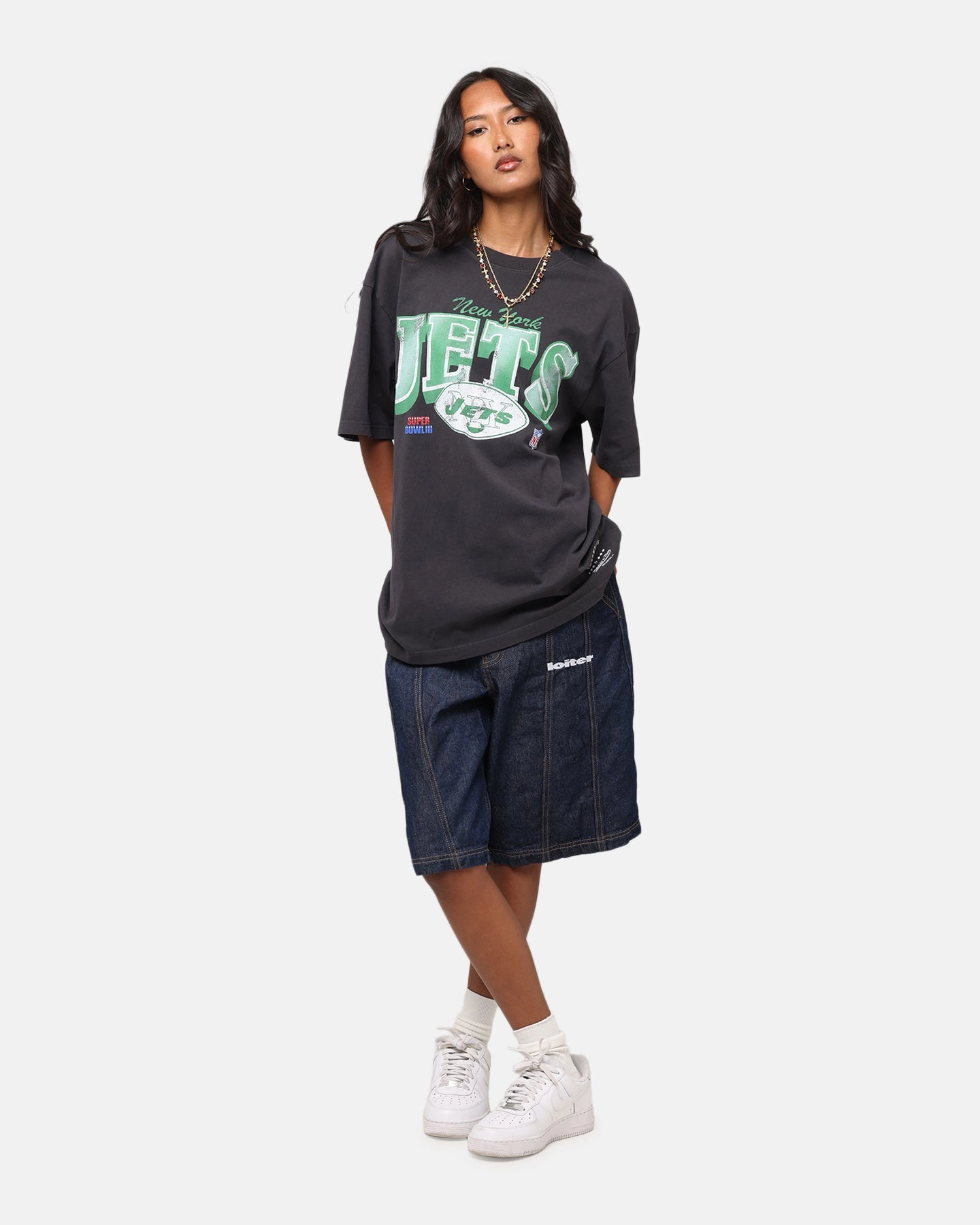 Mitchell & Ness New York Jets Arch T-Shirt Faded Black Sheer Overlay Material Stretch Fit Top