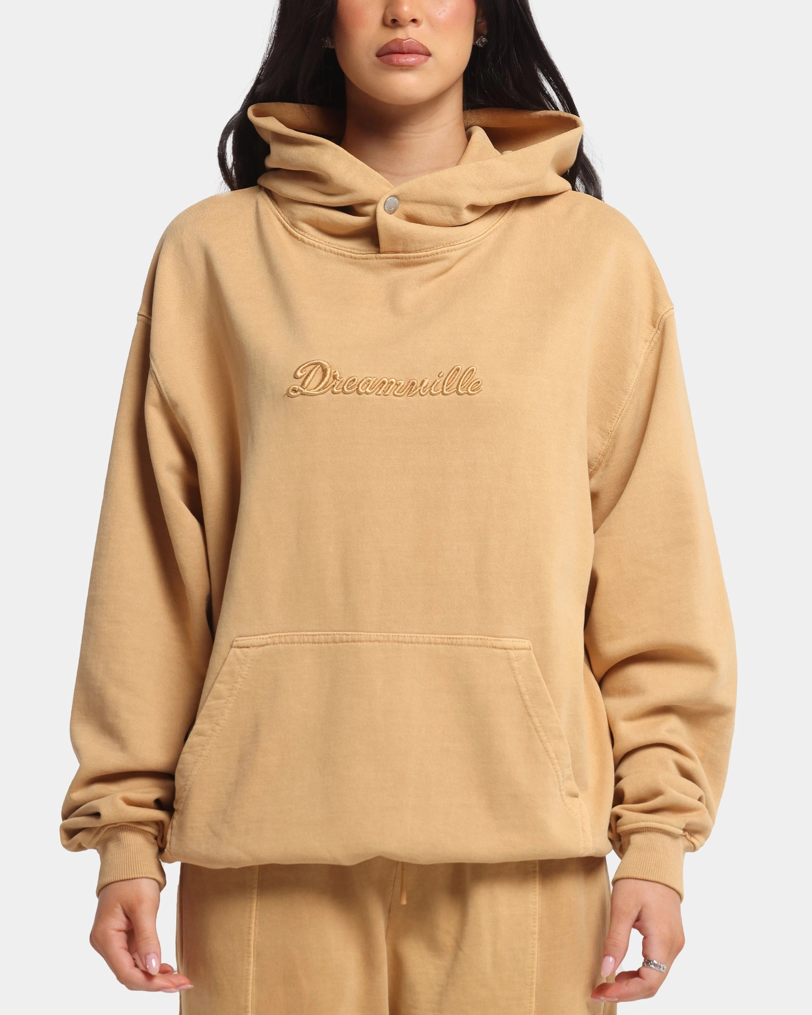 Curved Hem Dreamville Tonal Hoodie Sand Wash