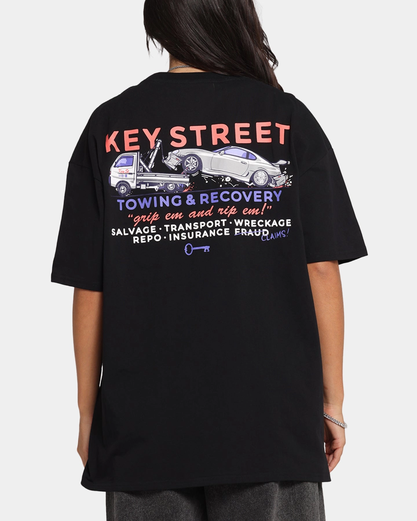 BambooBlend Layered Panel Design Key Street Kei Tow Truck T-Shirt Black