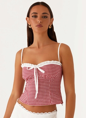 Palmer Ruffle Bustier Top - Red Gingham DoubleStitched Construction