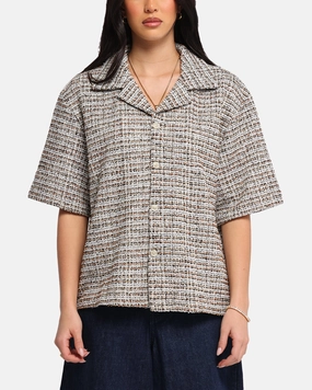 XXIII Boucle Tweed Crop Button Up Shirt Cream/Brown Tapered Cut