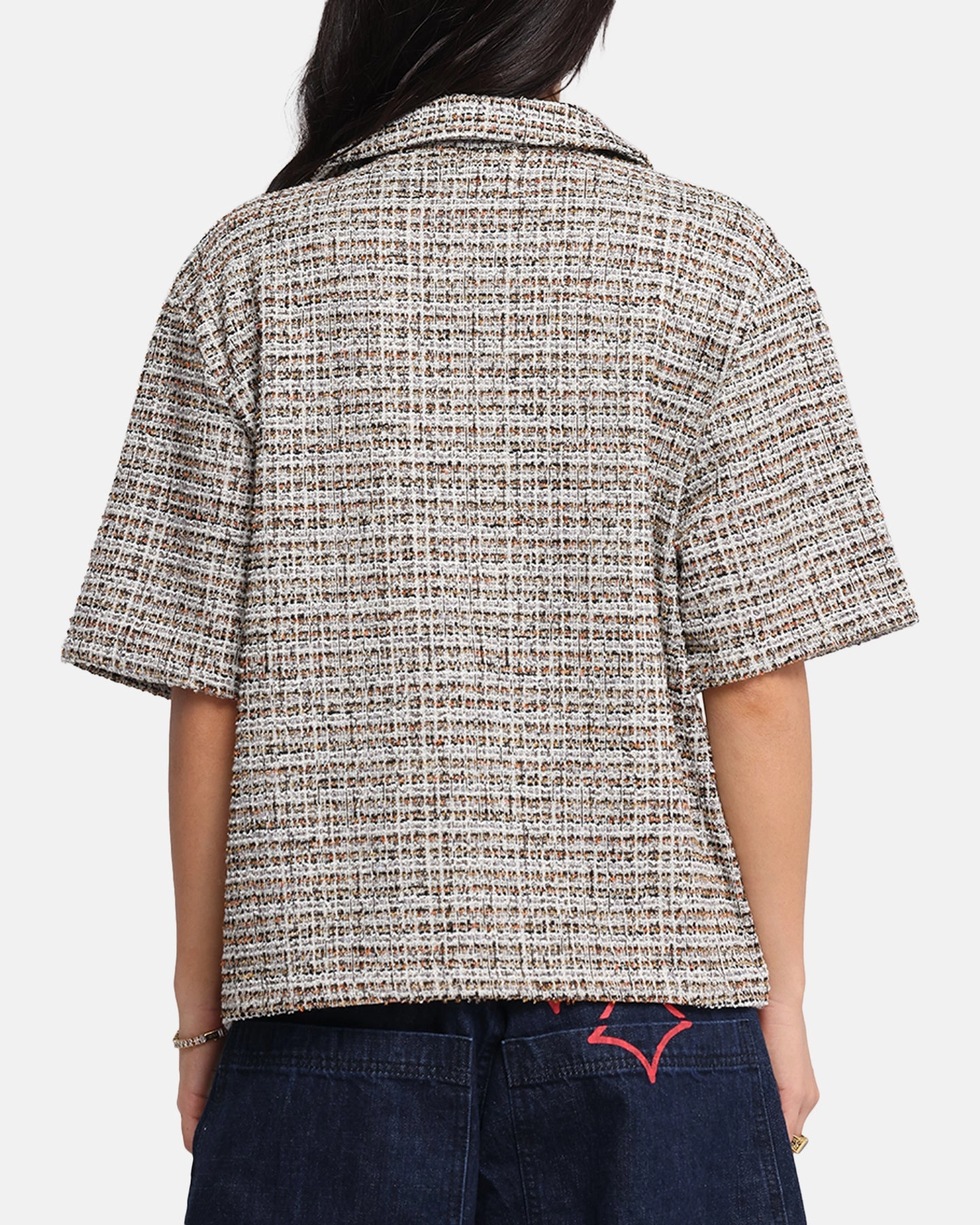 Hypoallergenic Textile Classic Polo XXIII Boucle Tweed Crop Button Up Shirt Cream/Brown