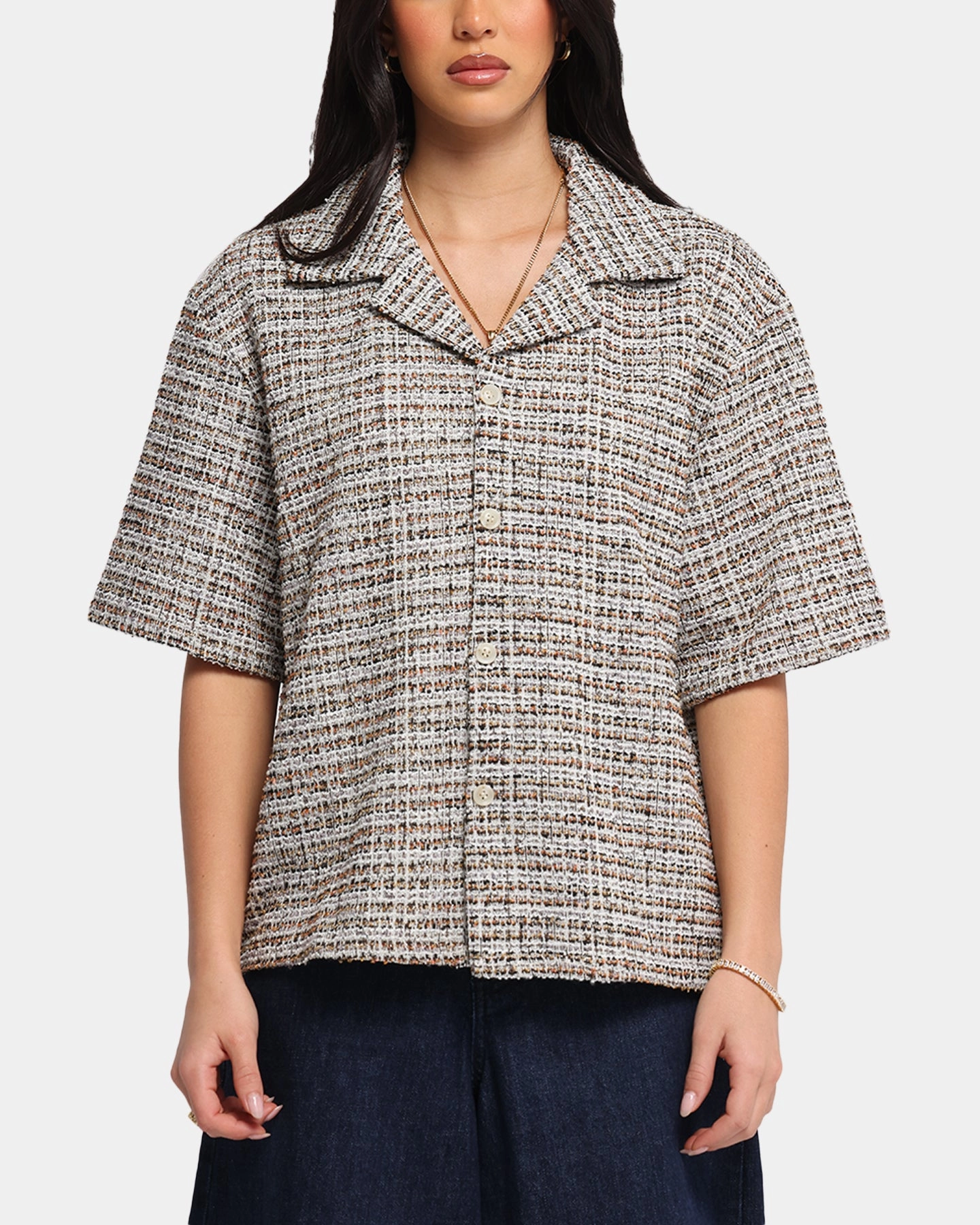 XXIII Boucle Tweed Crop Button Up Shirt Cream/Brown Tapered Cut