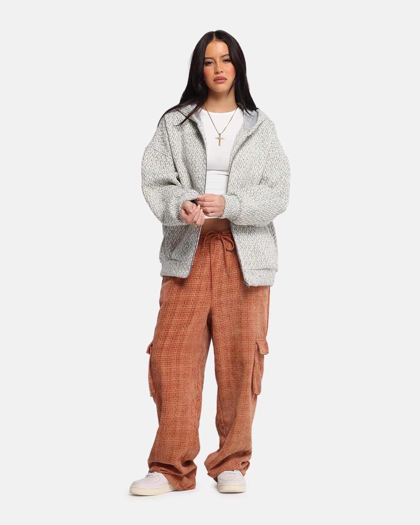 XXIII Boucle Tweed Zip Hoodie Grey Marle Metallic Fiber Blend