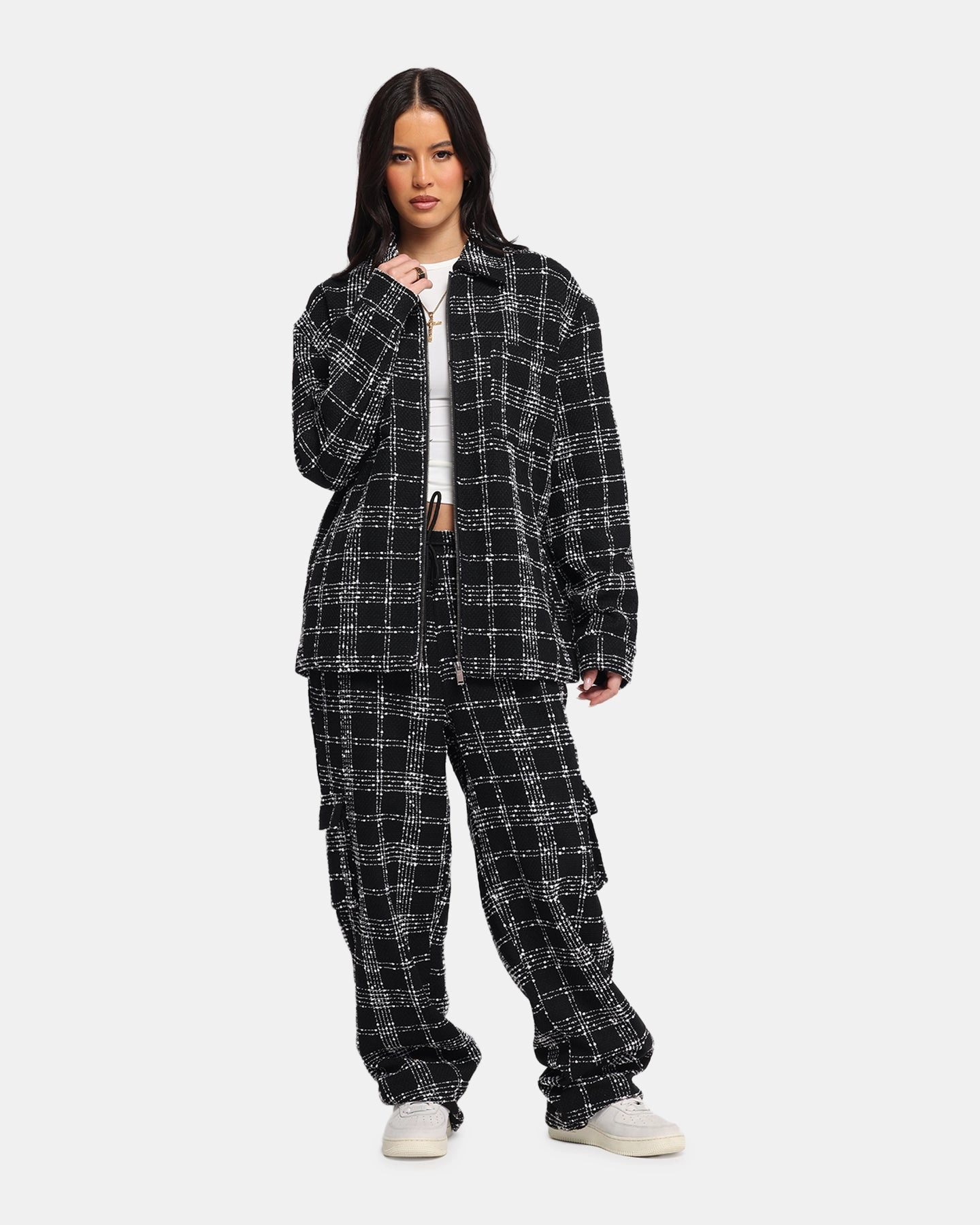 AntiSnag Fabric AdjustableDrawstring XXIII Boucle Tweed Zip Jacket Black/White