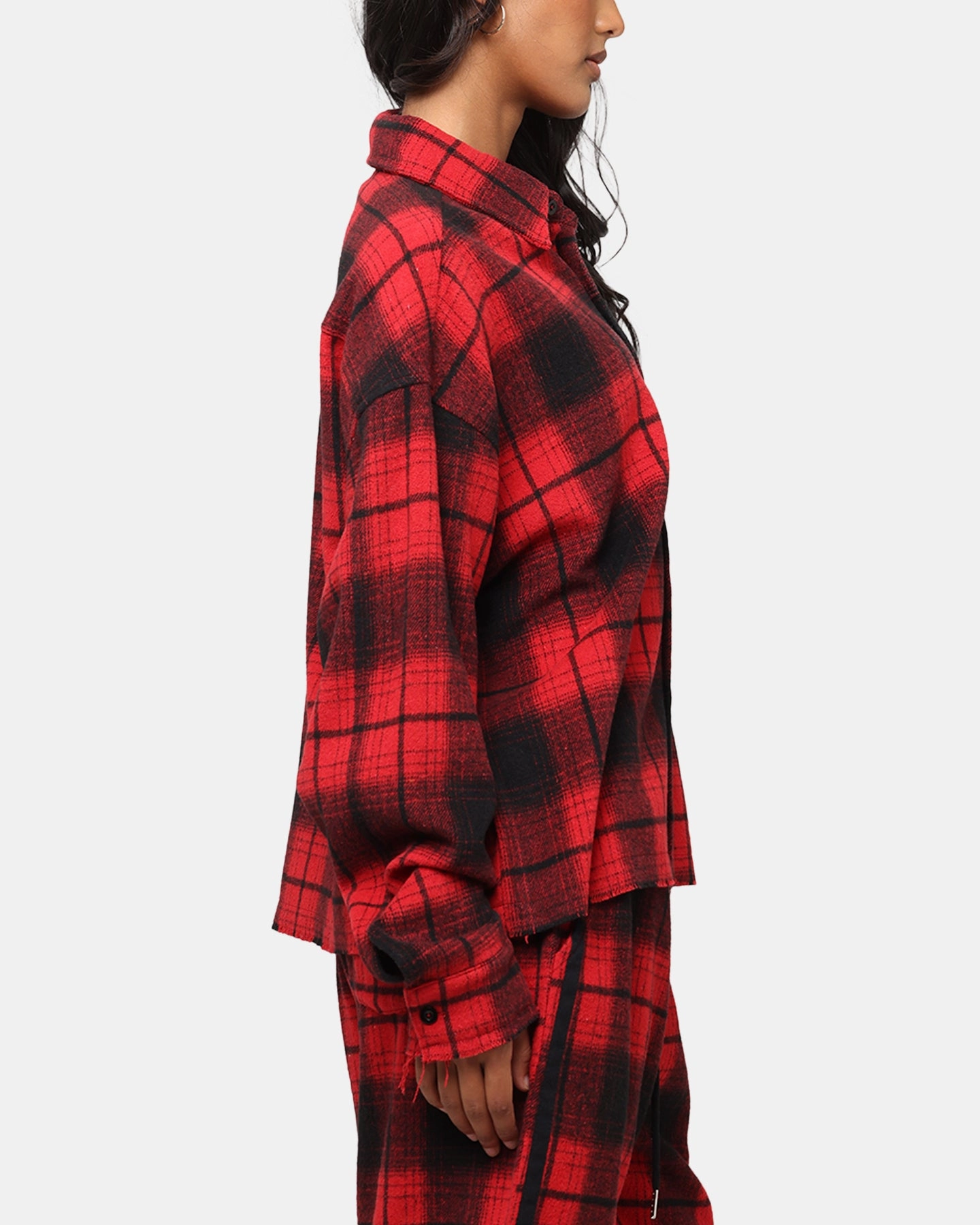 Relaxed Crew Neck Opening XXIII Plaid Long Sleeve Overshirt Red