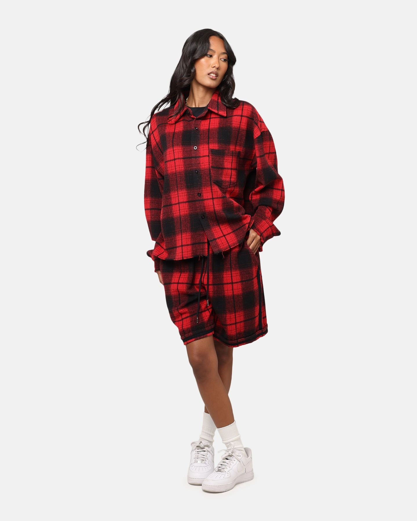 XXIII Plaid Long Sleeve Overshirt Red Mesh Panel Details