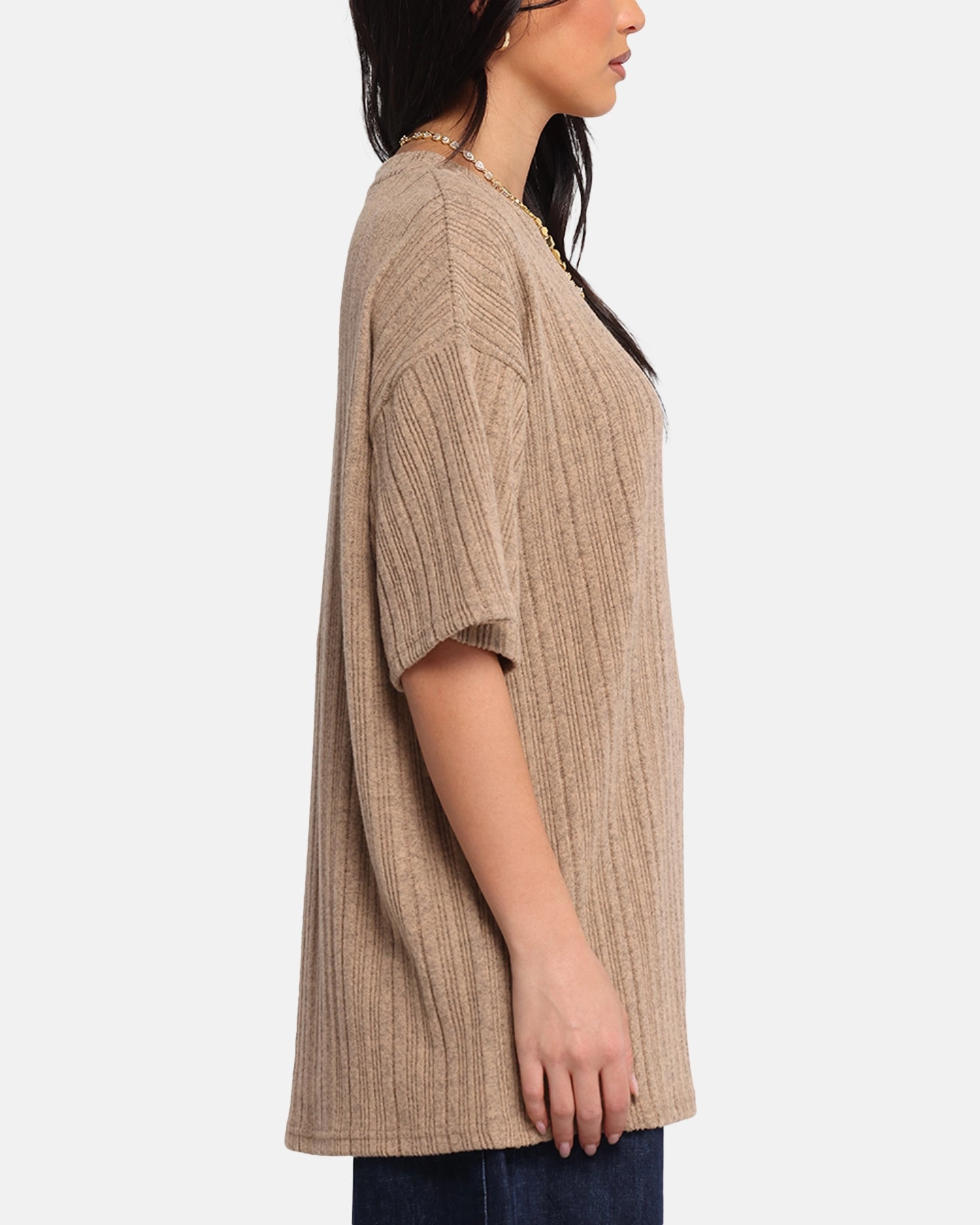 XXIII Rib Knit T-Shirt Tan Marle Non Irritating Seam Finish Bamboo Derived Material