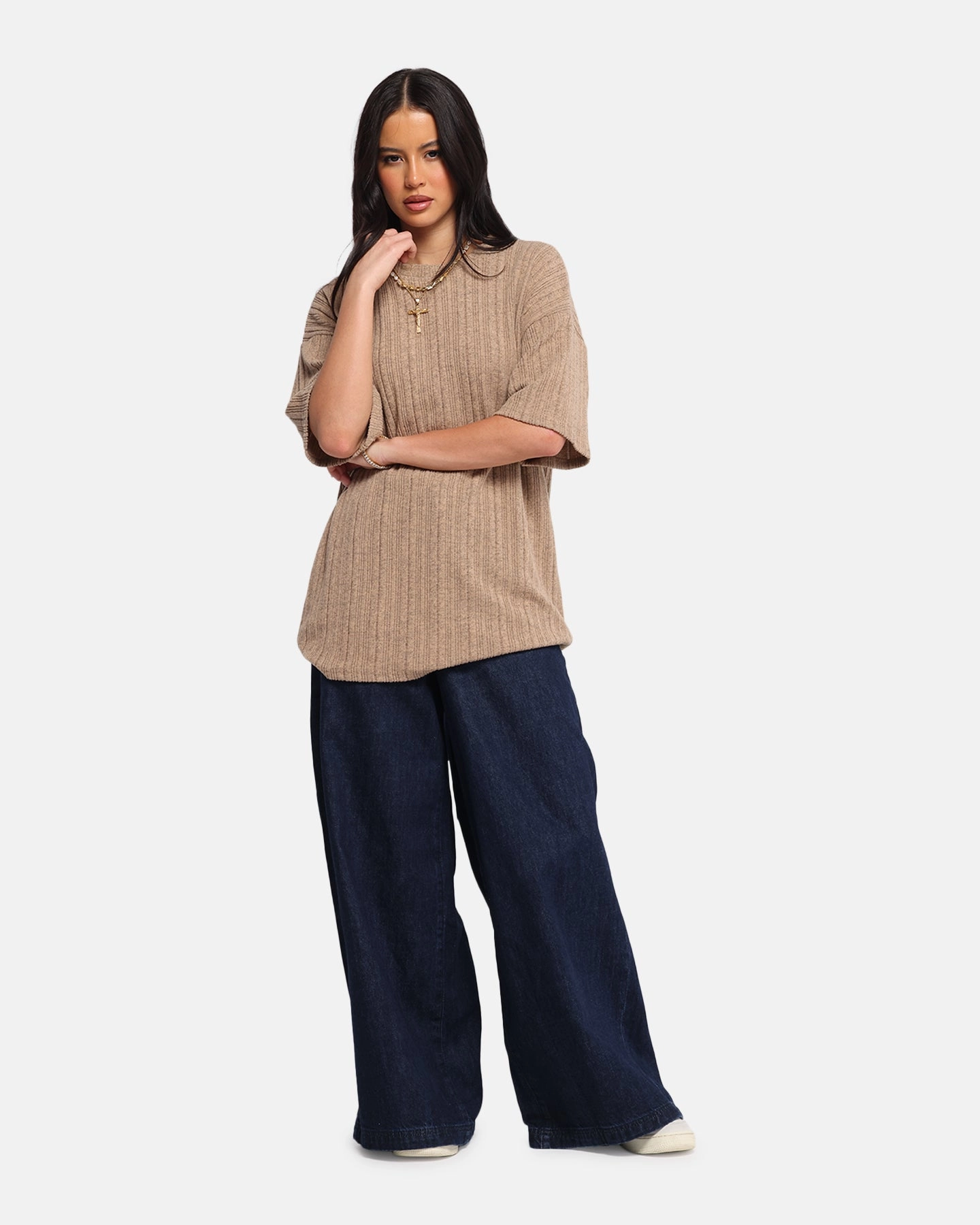 XXIII Rib Knit T-Shirt Tan Marle Ergonomic Shoulder Cut