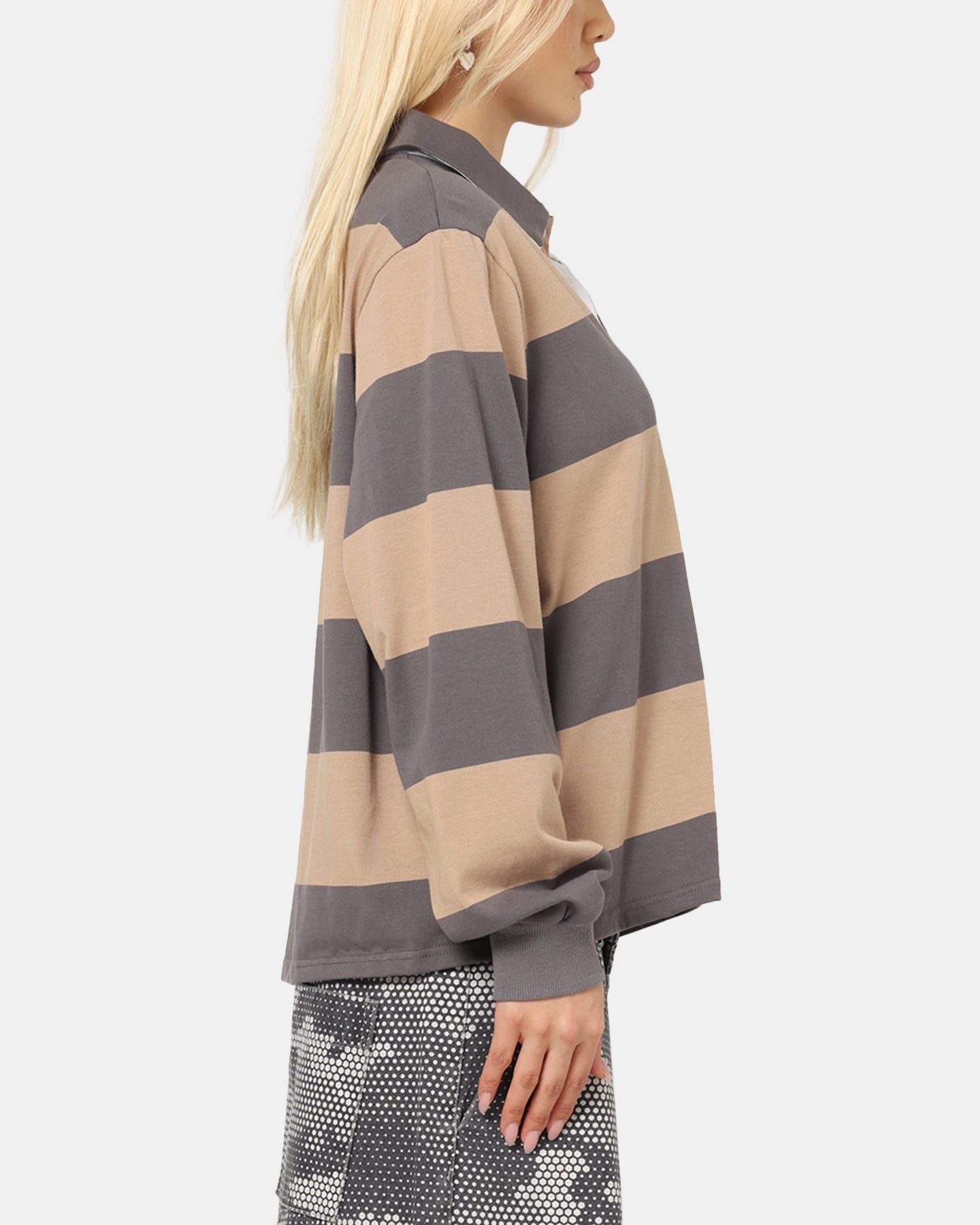 Contoured Side Panels XXIII Rugby Long Sleeve Polo T-Shirt Charcoal/Tan