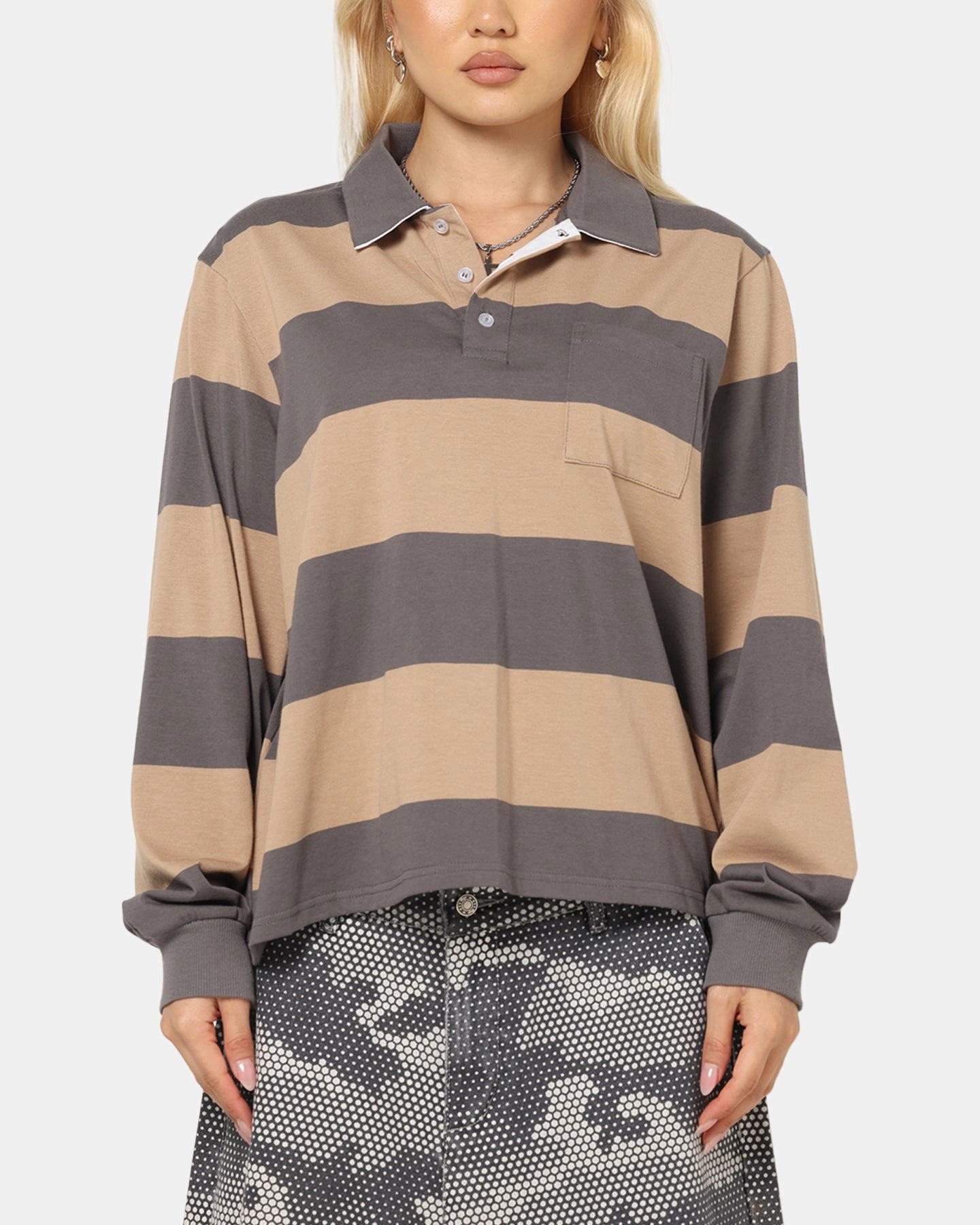 XXIII Rugby Long Sleeve Polo T-Shirt Charcoal/Tan Relaxed Design