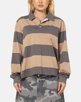 XXIII Rugby Long Sleeve Polo T-Shirt Charcoal/Tan Relaxed Design