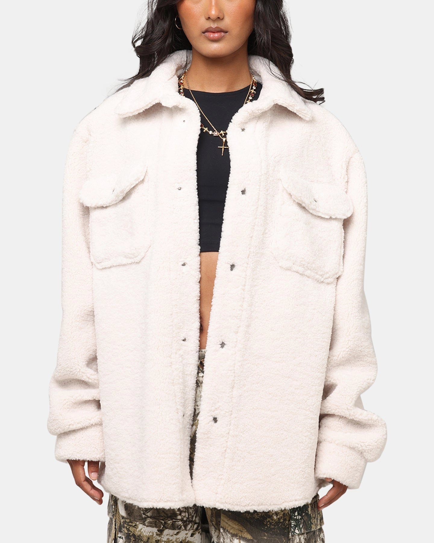 HighNeckCut XXIII Shearling Fur Jacket Cream