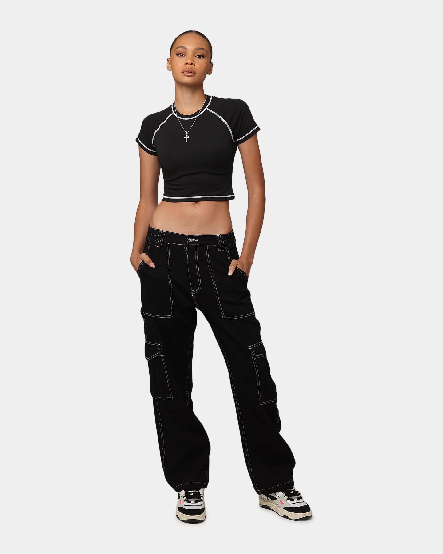 XXIII Women's Boiler Room Crop T-Shirt Black StretchFabric Metallic Fiber Blend