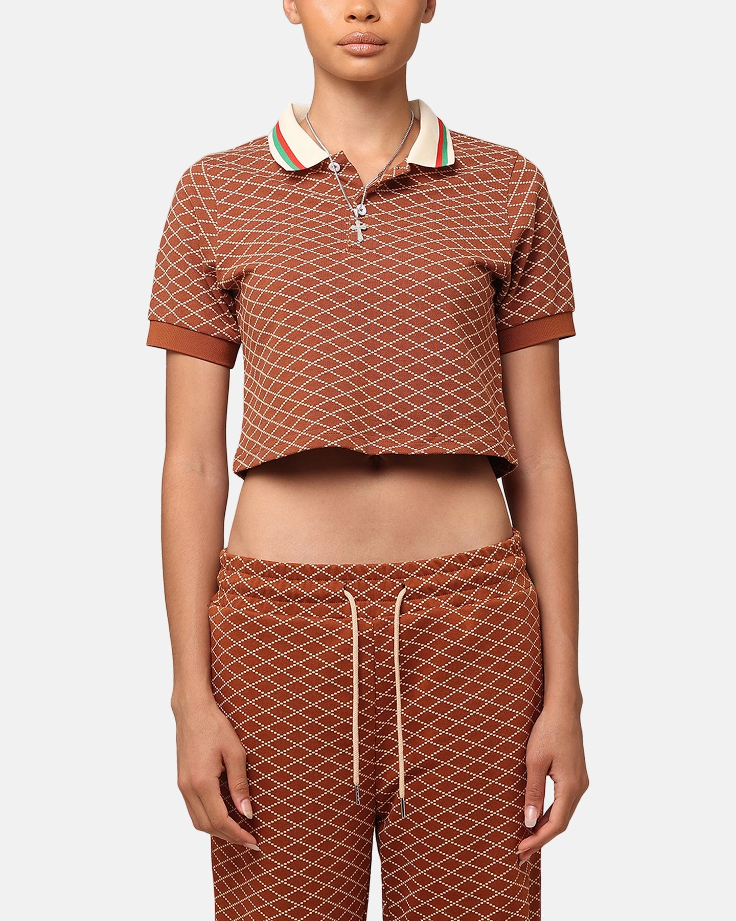 XXIII Women's Cropped Printed Polo Shirt Brown Casual Tank Wrinkle Resistant Texture