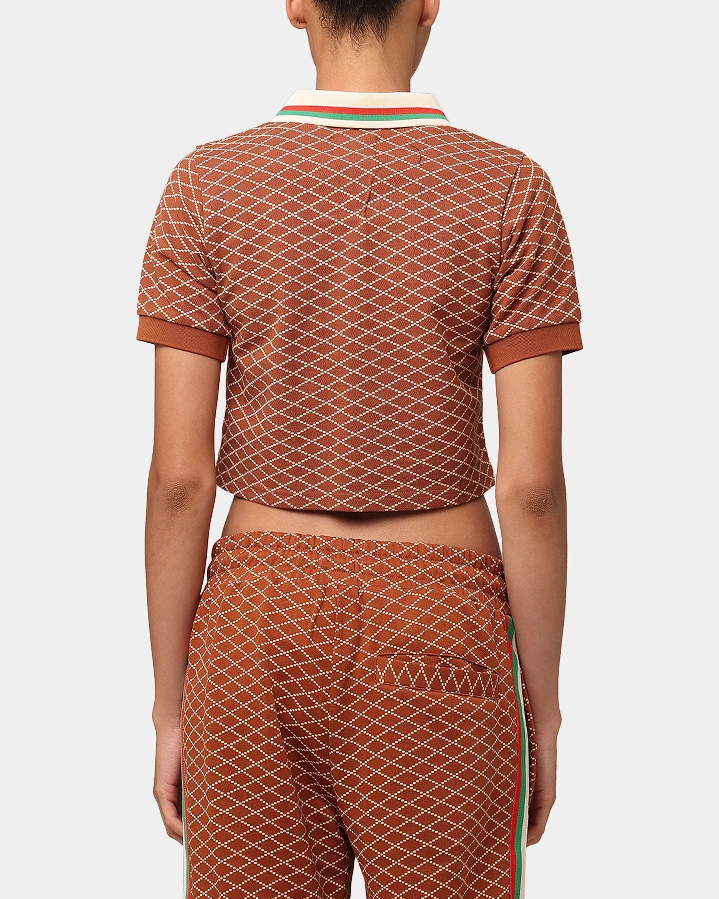 XXIII Women's Cropped Printed Polo Shirt Brown Reinforced Elbow Patches