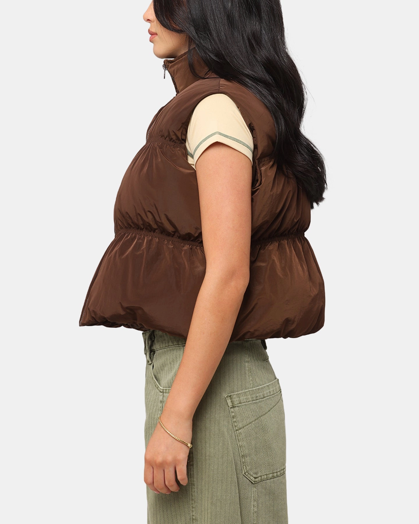 XXIII Women's Primal Oversized Puffer Vest Chocolate High Neck Design