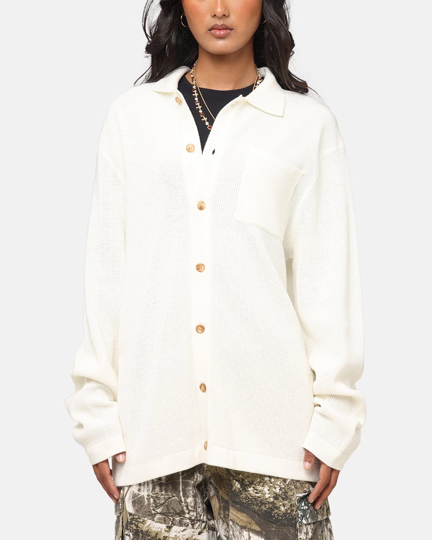 LayeredPanel Flexible Neckline XXIII Zyair Knit Rib Long Sleeve Button Up Shirt Cream