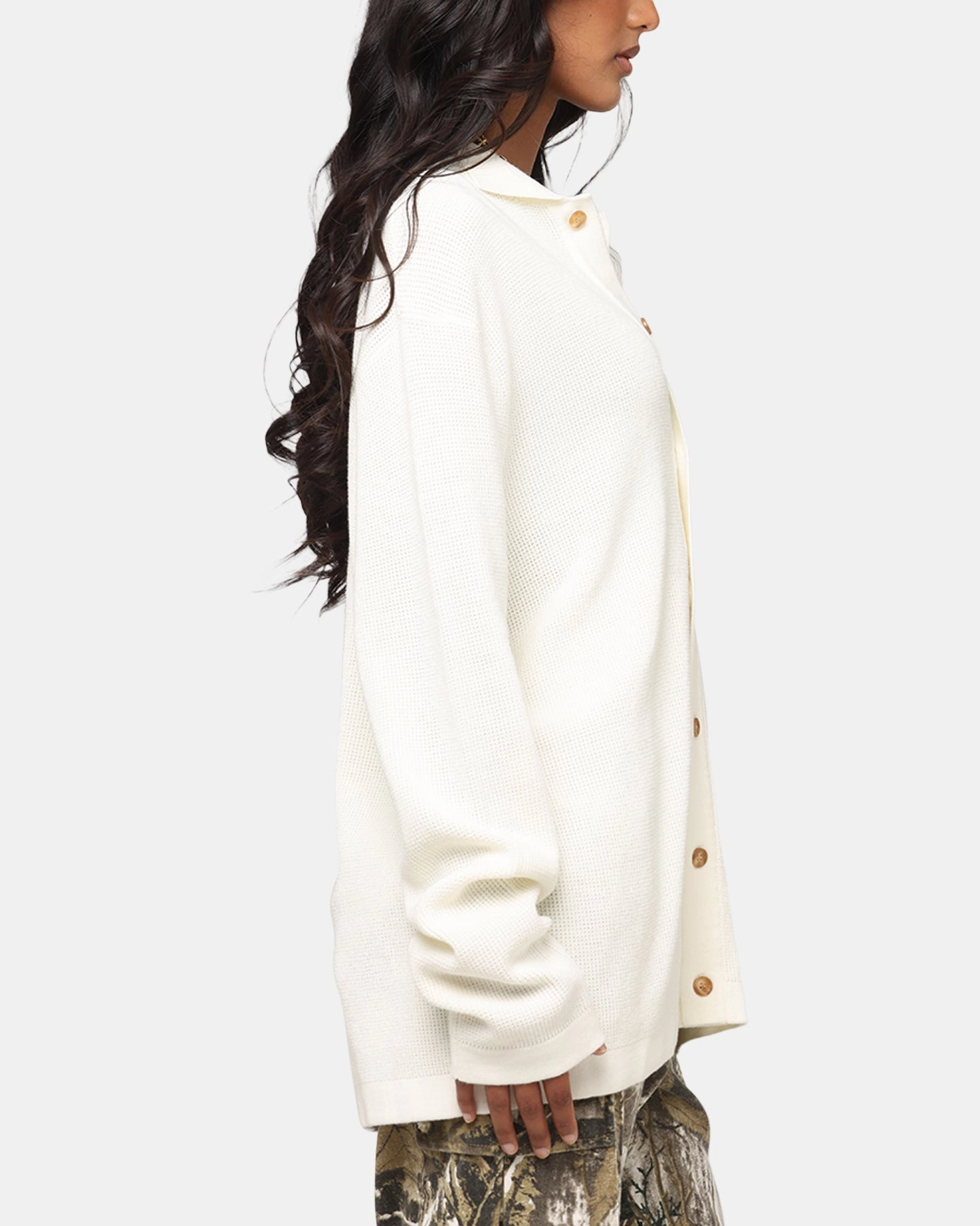 XXIII Zyair Knit Rib Long Sleeve Button Up Shirt Cream Oversized Silhouette NonScratchyLining