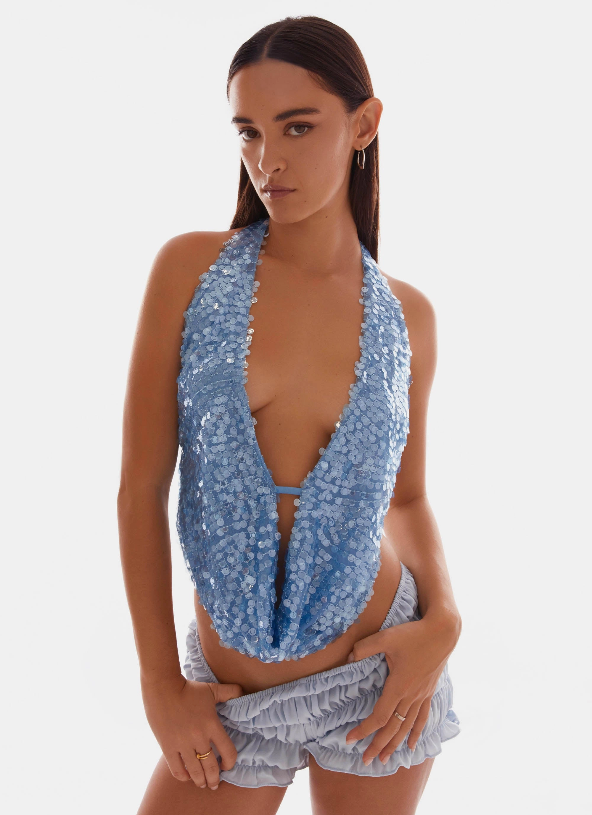 Anti Pill Surface Rio Dreams Cowl Neck Halter Top - Blue