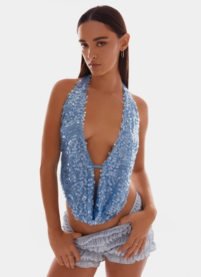 Anti Pill Surface Rio Dreams Cowl Neck Halter Top - Blue