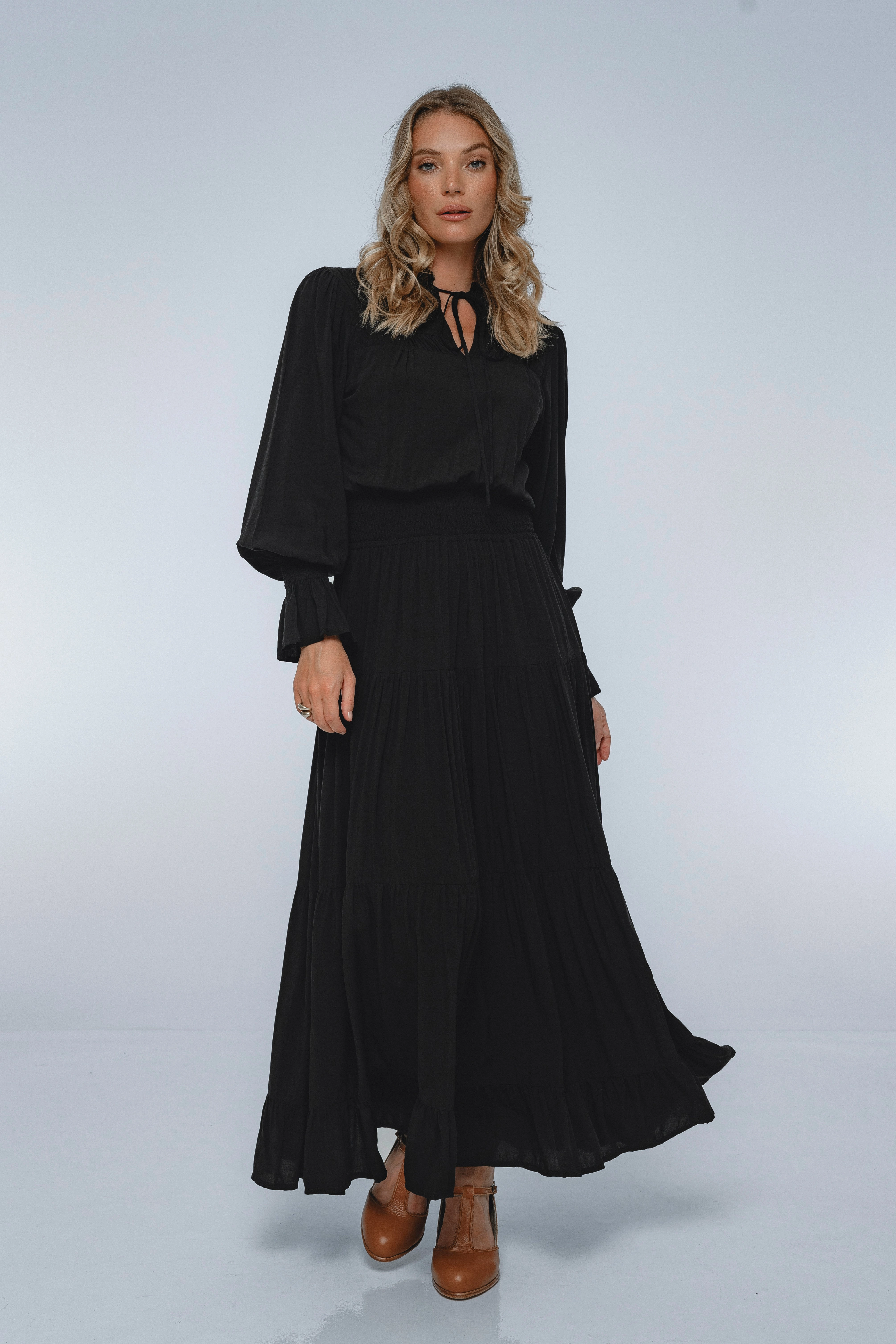 White Lotus Ruffled Maxi Dress LowProfileZipper CrinkleResistantWeave