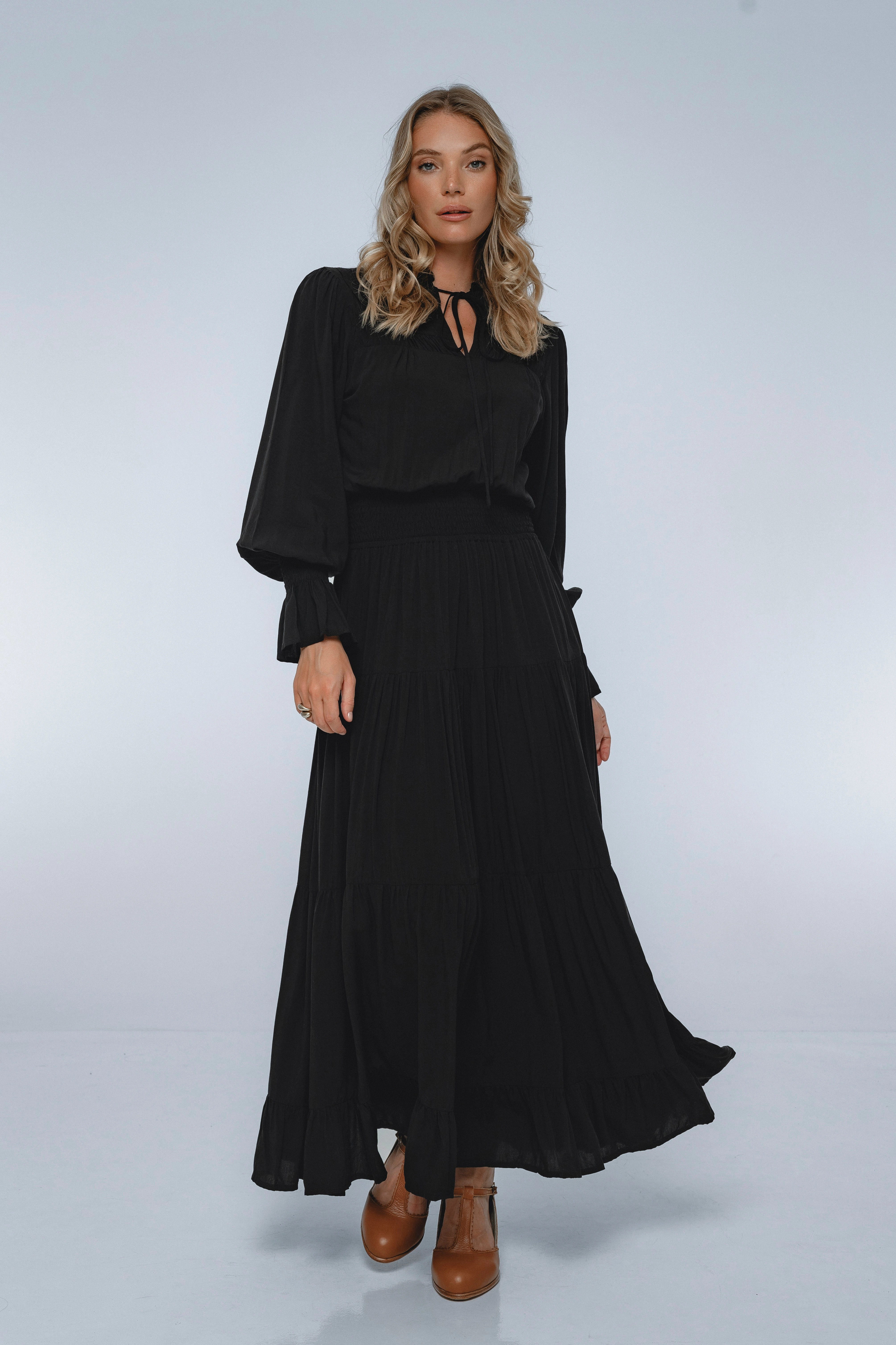 Office Tone White Lotus Ruffled Maxi Dress